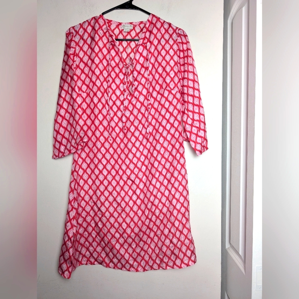 Delfina Tunic Dress Silk Hot Pink Pattern Print half Sleeve Sz Xs